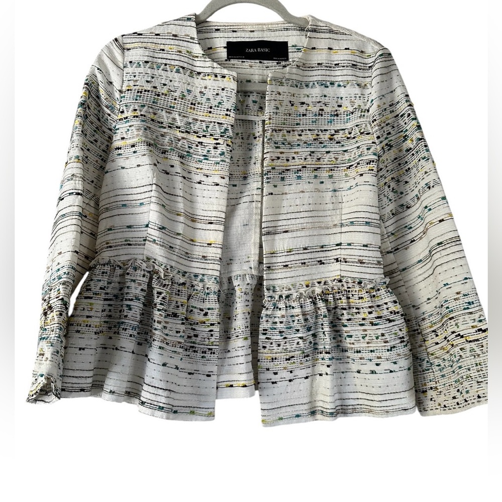 Zara Basic Ivory Tweed Jacket with Teal, Yellow and Brown Accents